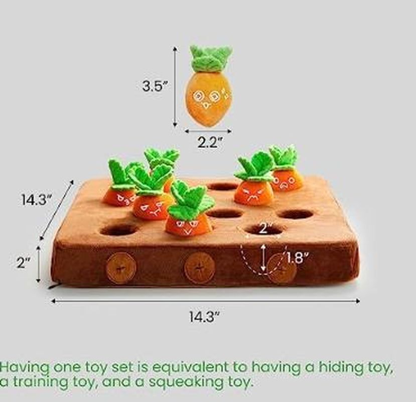 Nocciola 12 Pcs Carrot Field Dog Squeaky Toys with Food Dispensing Carrot Farm, Dog Enrichment Toys for Hide and Seek, Puzzle Toys for Small and Medium Dogs, Play and Treat Set